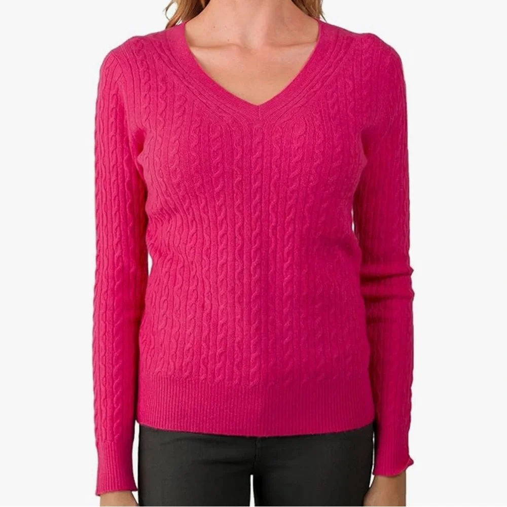 Kier + J Cableknit V-Neck Slim Fit Cashmere Sweater | Hot Pink | Size XS